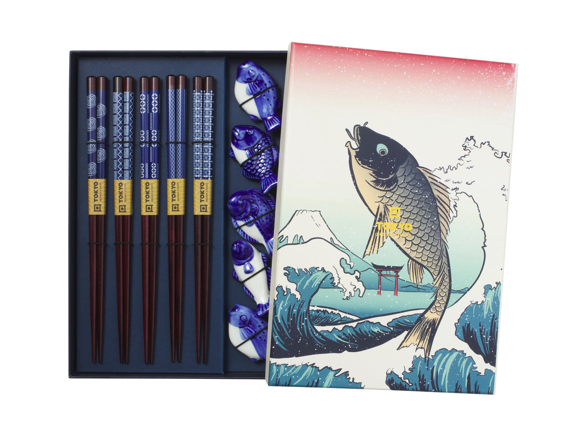 Tokyo Design Chopstick Blue Fish Chopsticks with Rest 10pc Gift Boxed Assorted