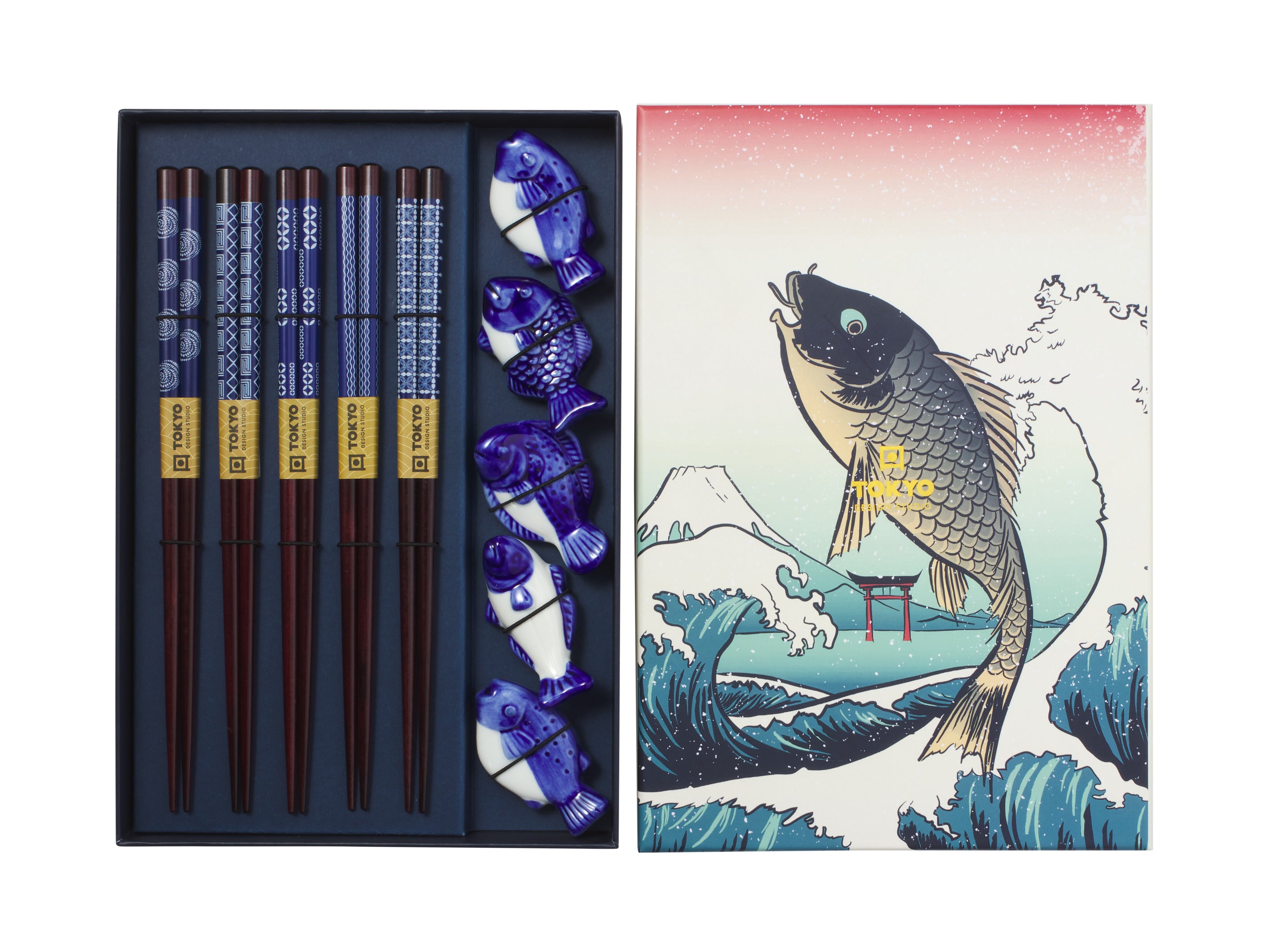 Tokyo Design Chopstick Blue Fish Chopsticks with Rest 10pc Gift Boxed Assorted