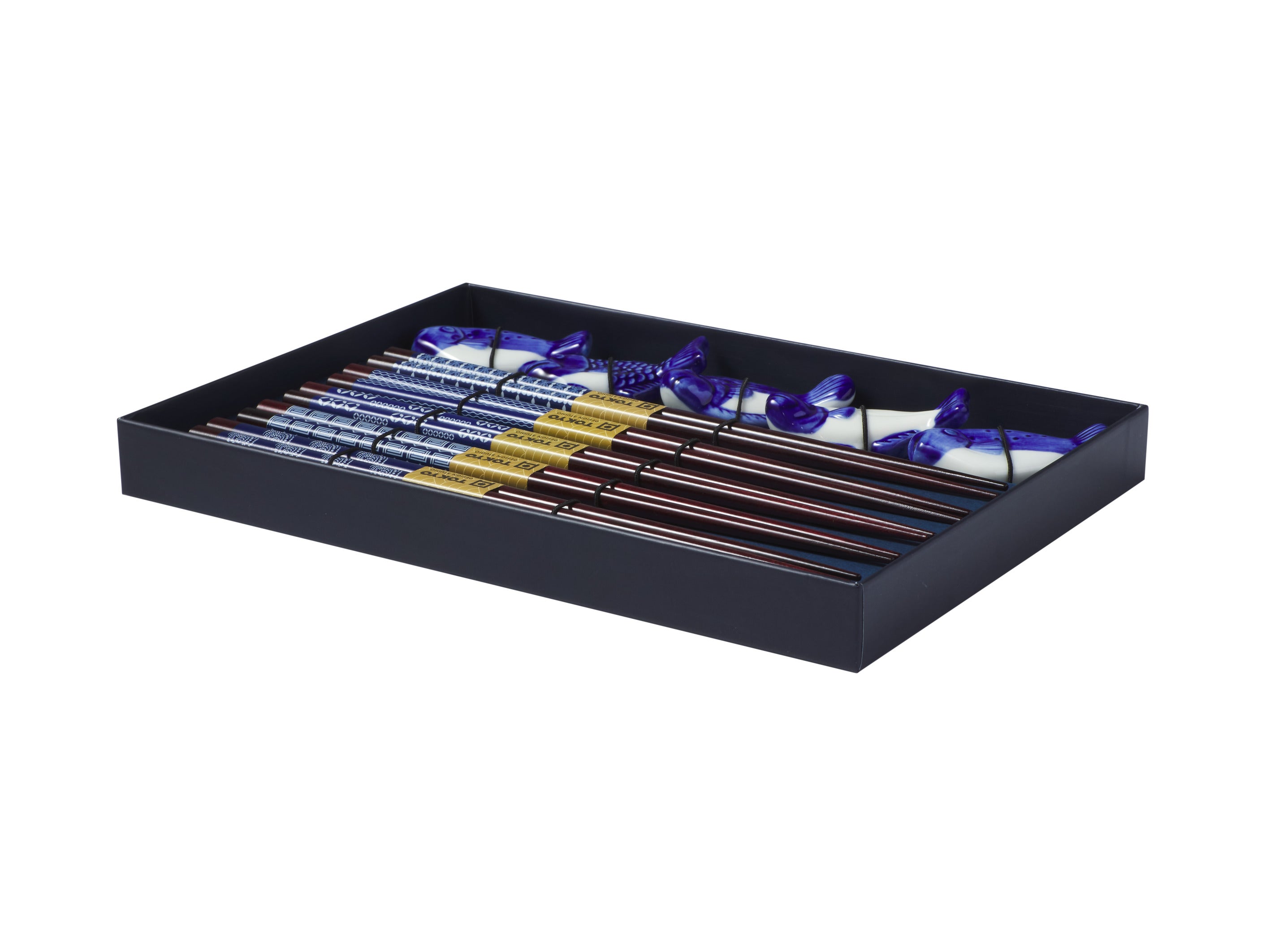 Tokyo Design Chopstick Blue Fish Chopsticks with Rest 10pc Gift Boxed Assorted