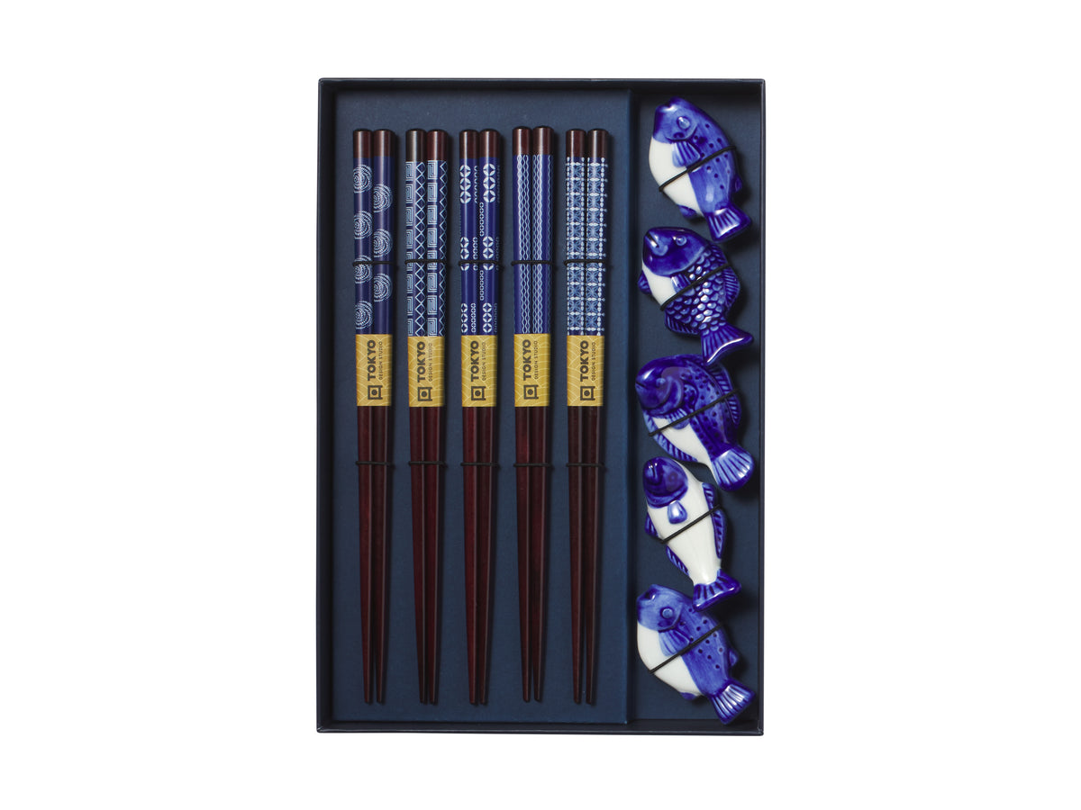 Tokyo Design Chopstick Blue Fish Chopsticks with Rest 10pc Gift Boxed Assorted