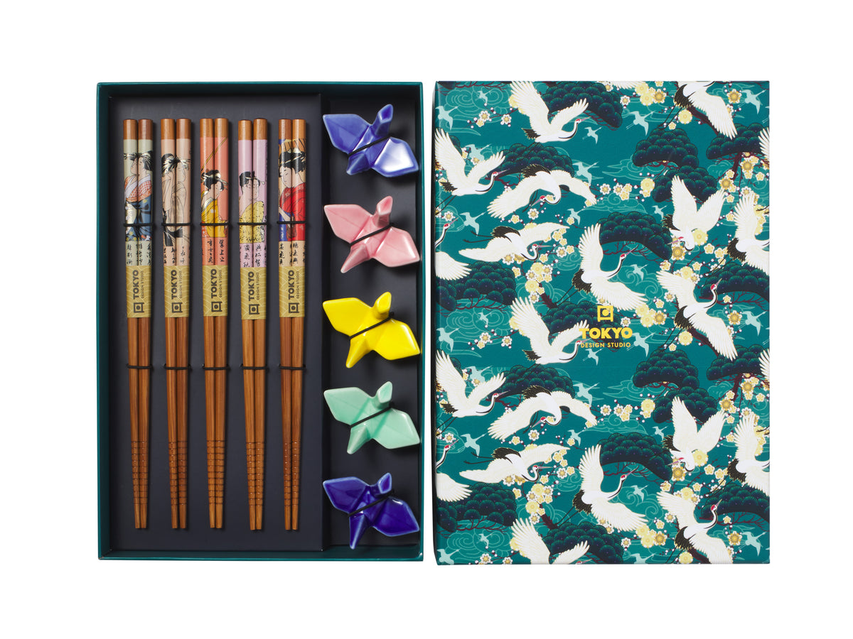 Tokyo Design Chopstick Crane Chopsticks with Rest 10pc Gift Boxed Assorted