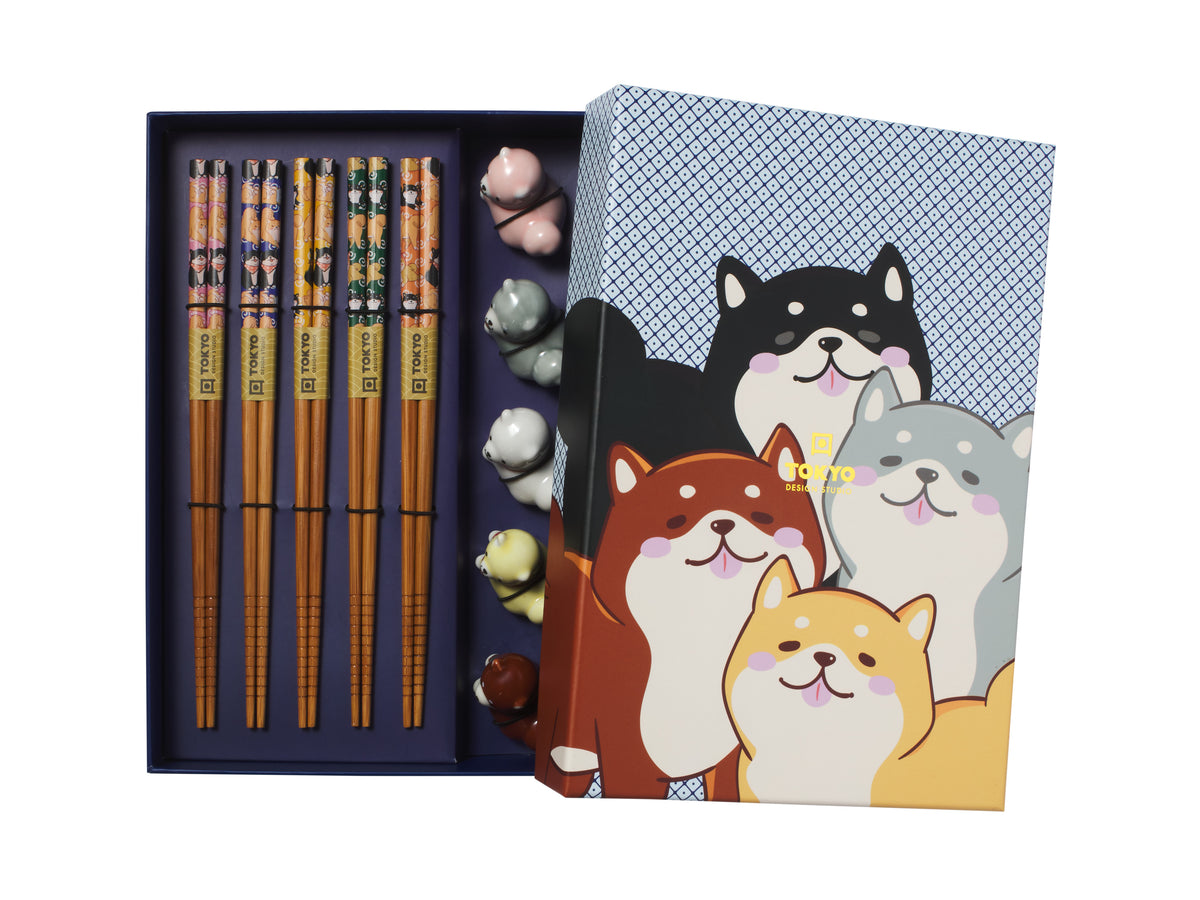 Tokyo Design Chopstick Shiba Dog Chopsticks with Rest 10pc Gift Boxed Assorted