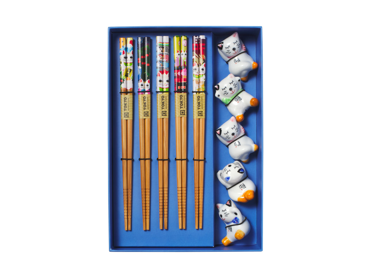 Tokyo Design Chopstick Lucky Cat Chopsticks with Rest Hanami 10pc Gift Boxed Assorted