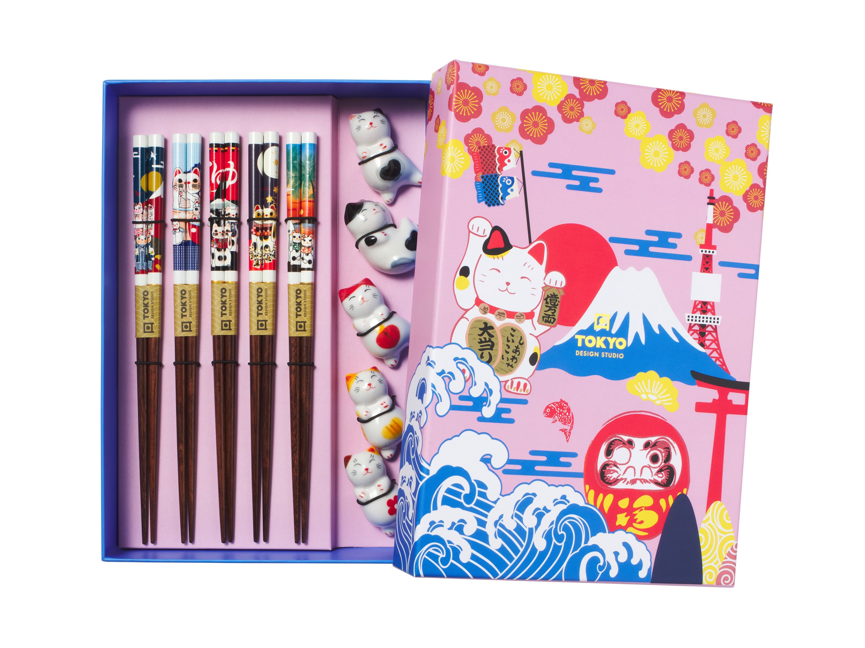 Tokyo Design Chopstick Neko Cat Chopsticks with Rest 10pc Gift Boxed Assorted