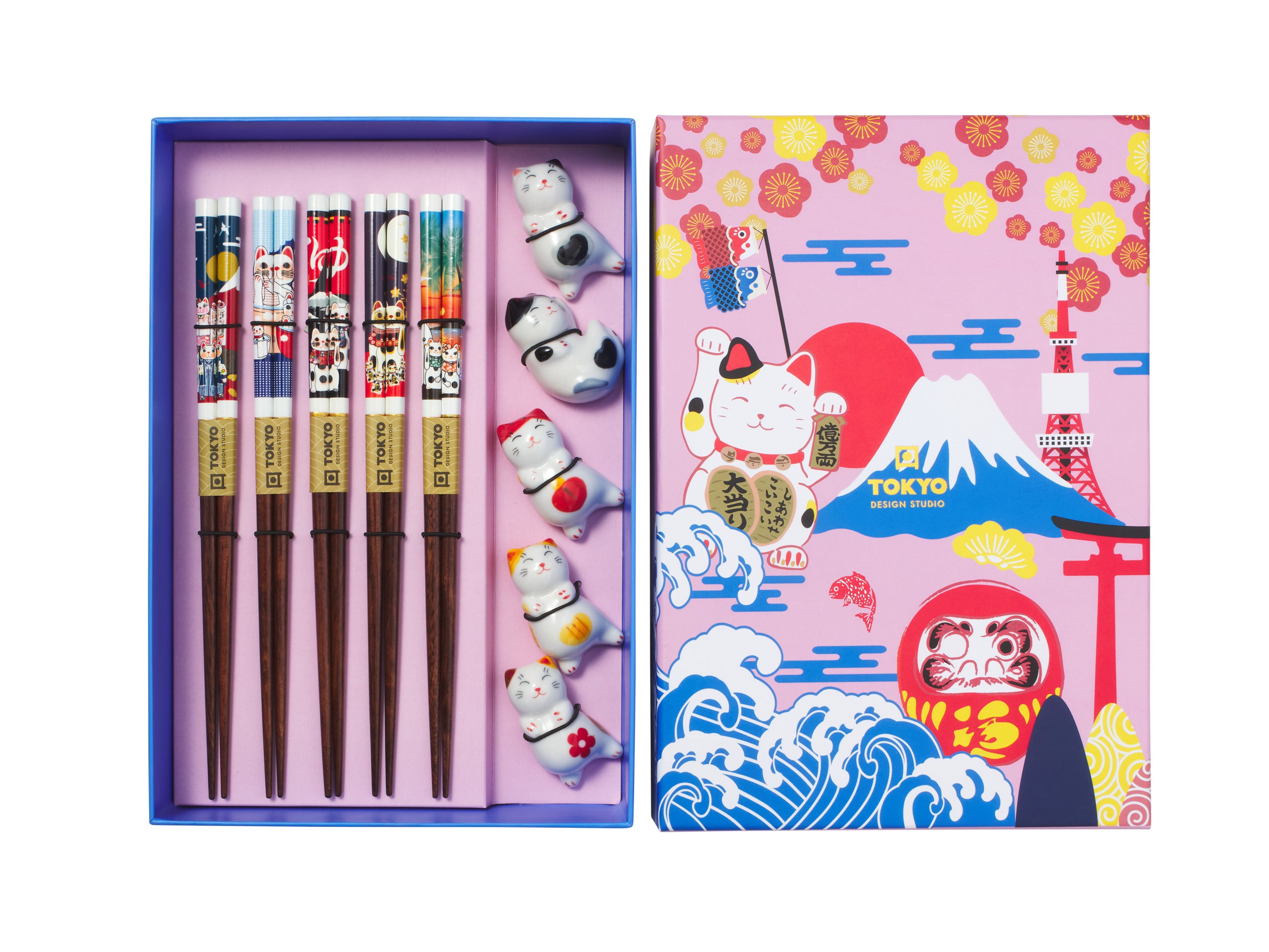 Tokyo Design Chopstick Neko Cat Chopsticks with Rest 10pc Gift Boxed Assorted