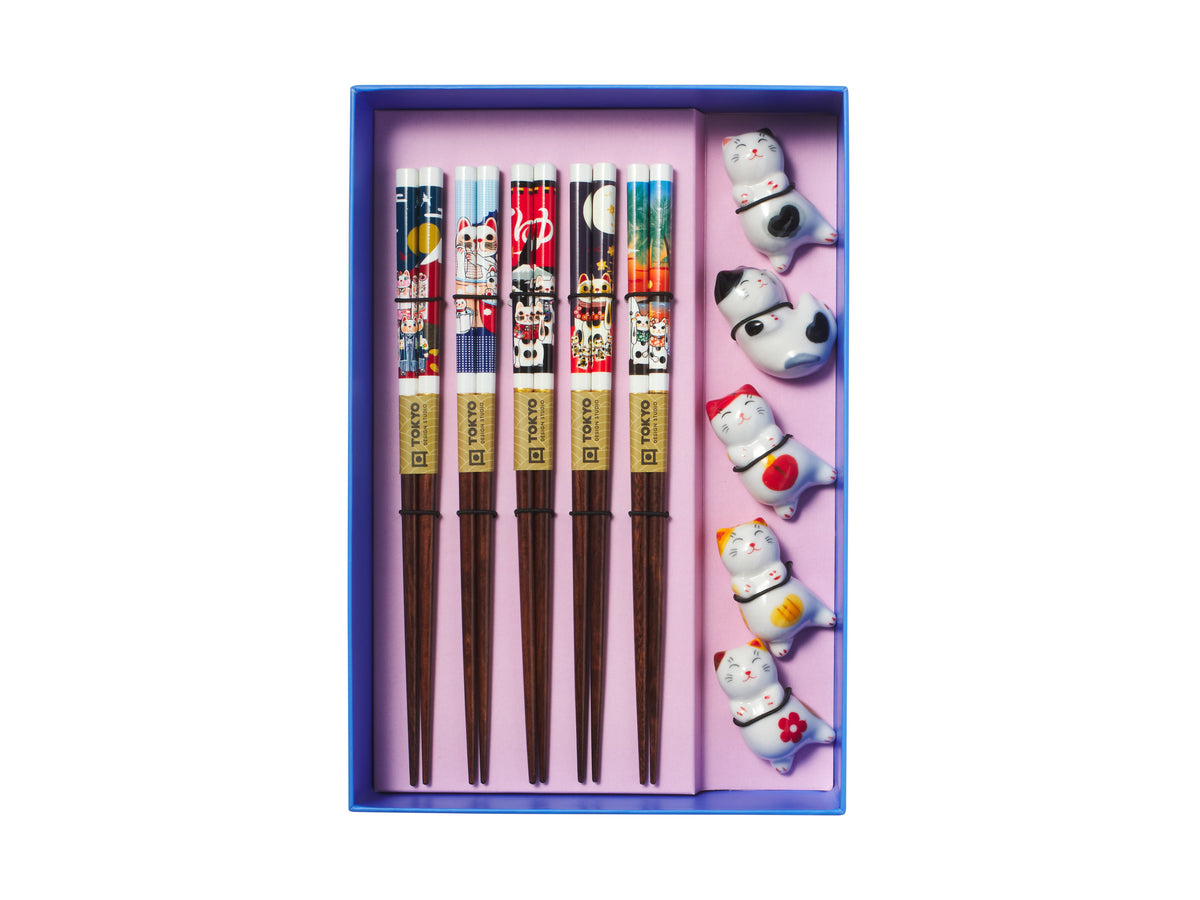 Tokyo Design Chopstick Neko Cat Chopsticks with Rest 10pc Gift Boxed Assorted