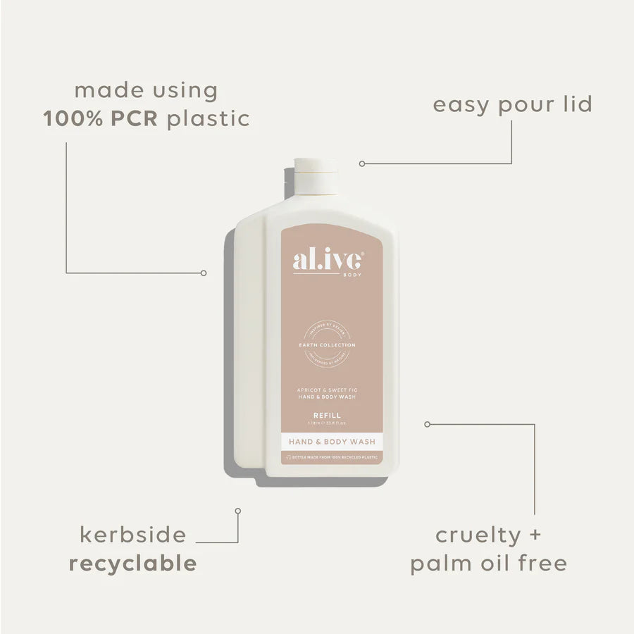 al.ive Hand & Body Wash Refill 1L - Apricot & Sweet Fig (Made in Australia)