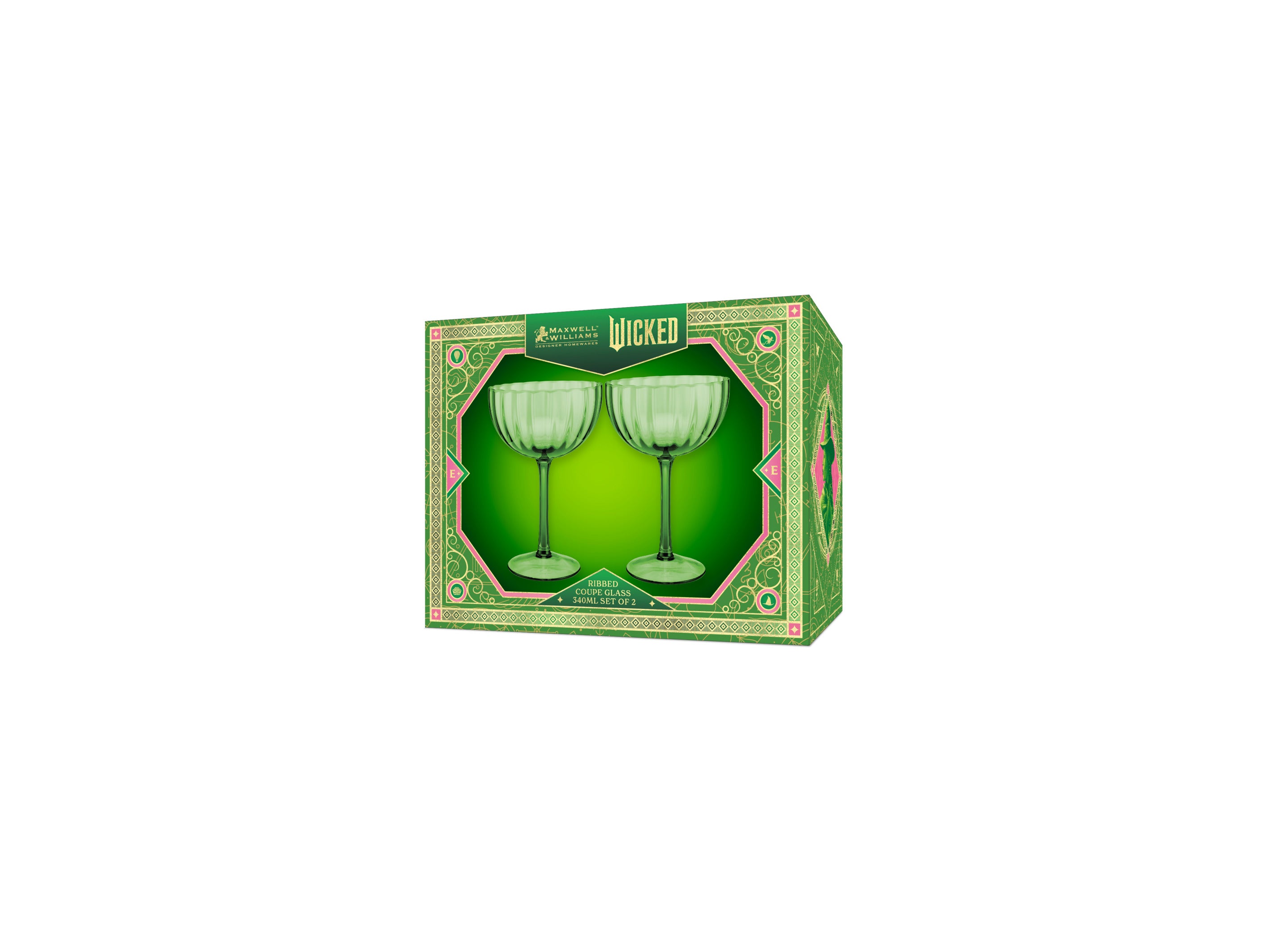 Maxwell & Williams Wicked Pink Goes Good With Green Ribbed Coupe Glasses - Elphaba Set of 2