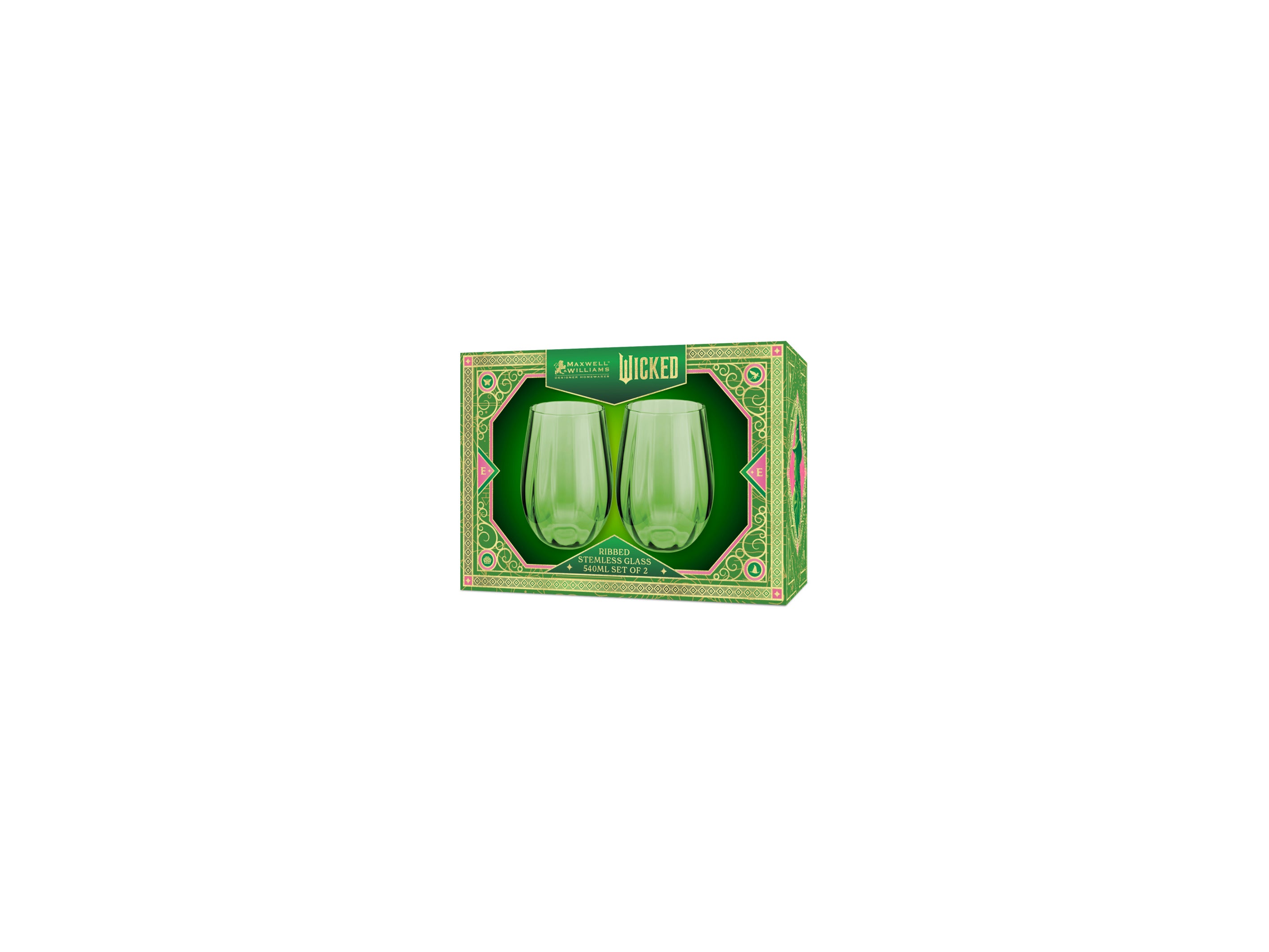 Maxwell & Williams Wicked Pink Goes Good With Green Ribbed Stemless Glasses - Elphaba Set of 2