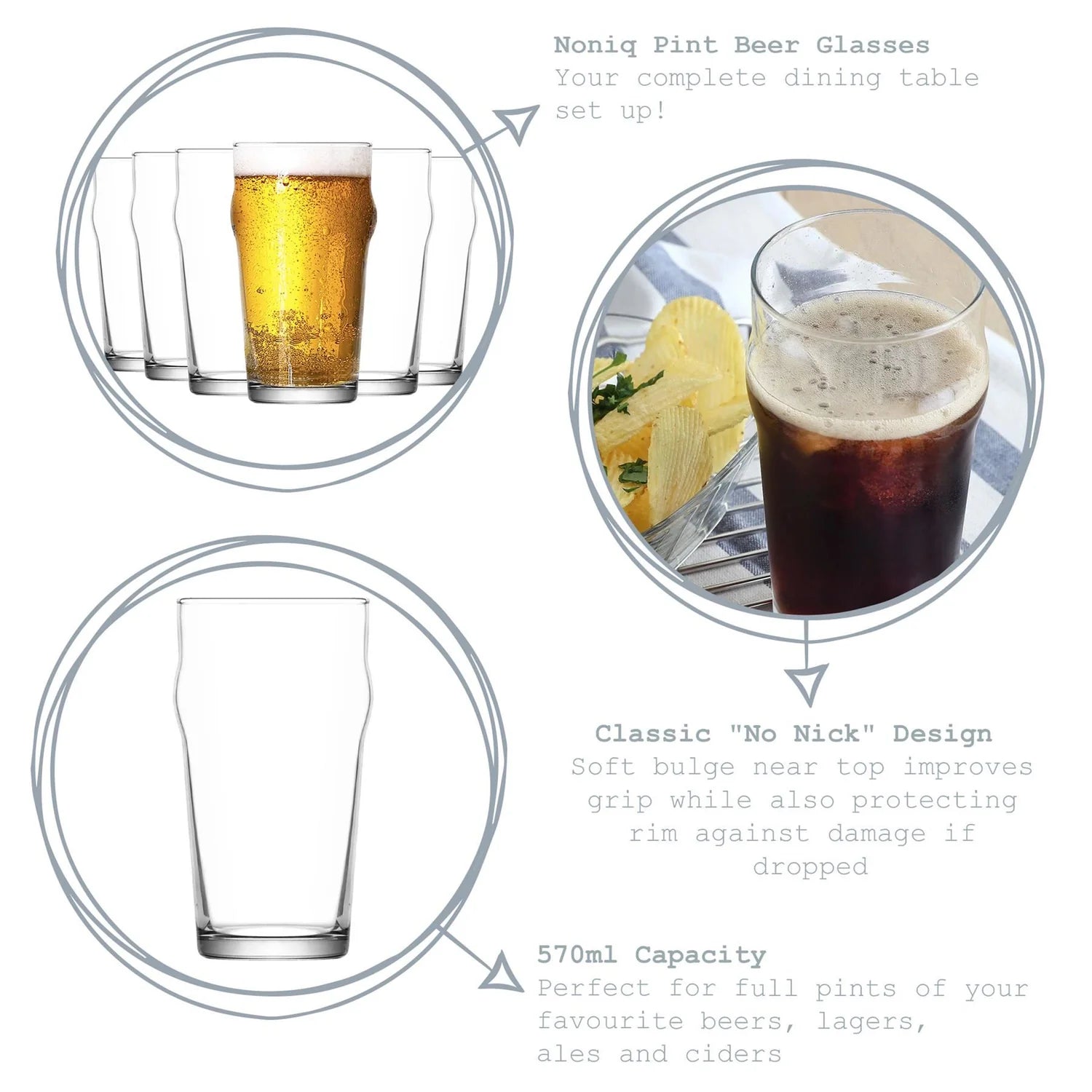 LAV Noniq Pint Beer Glasses 570ml - Pack of 6