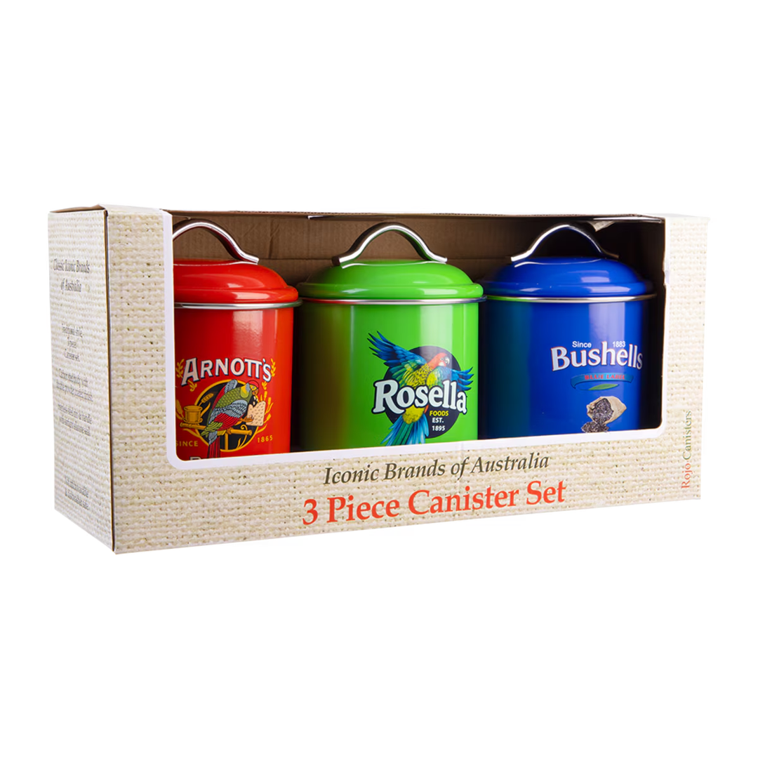 Rojo Arnott's Bushells & Rosella Canisters Set of 3 - Red/Blue/Green