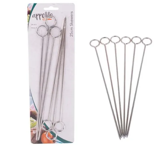 Appetito Chrome BBQ Skewers 25cm - Set of 6